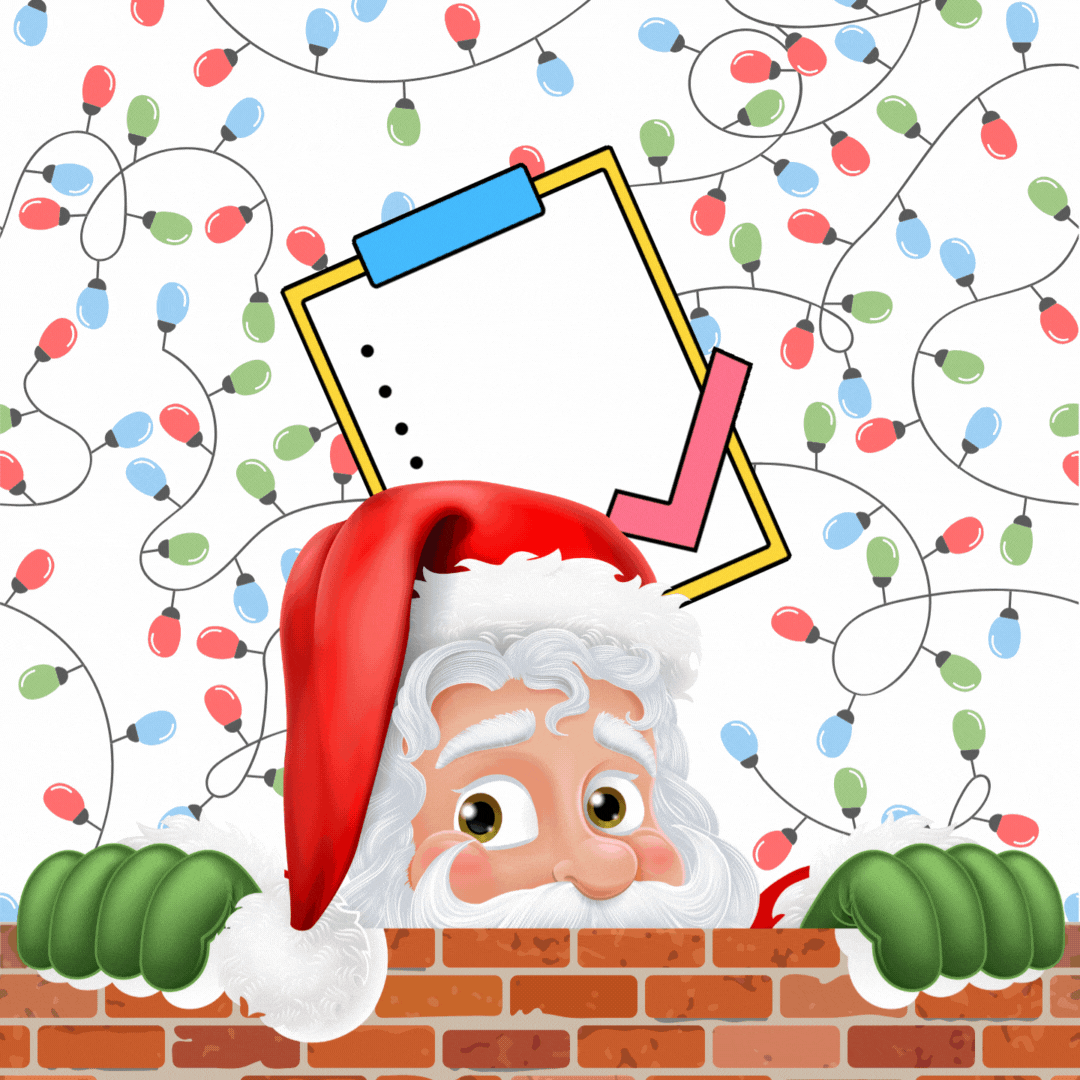 An animated image of Santa Claus with a clipboard and a list.