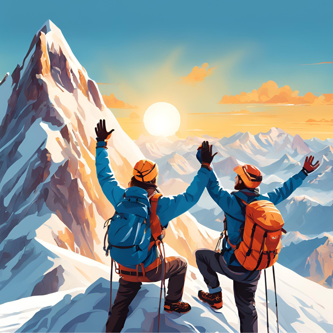 Two mountain climbers reaching the peak of a mountain seeing the sunrise. Their arms are raised in excitement.