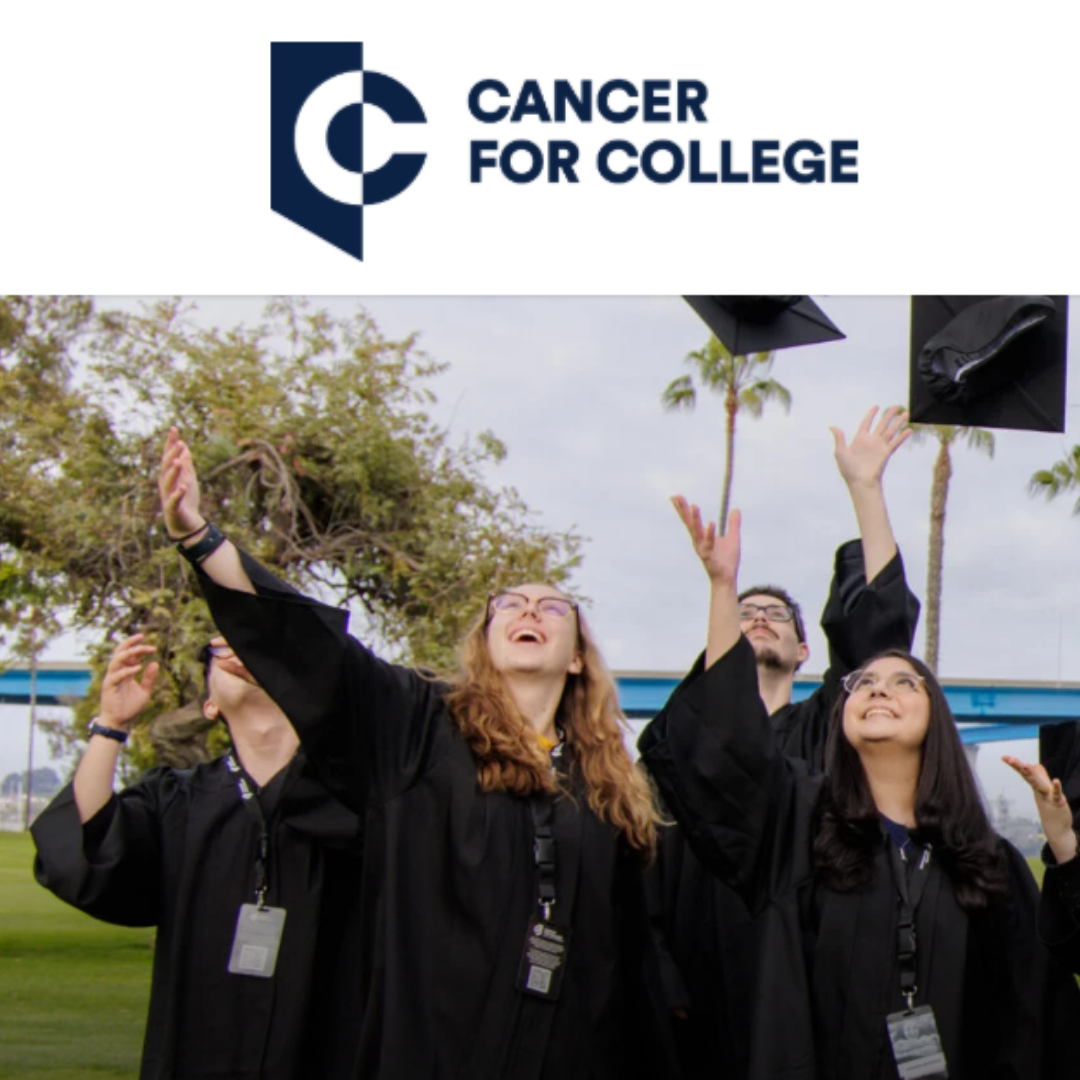 Students in graduation garb throwing their hats up in the air looking joyful. The Cancer for College logo above the image.