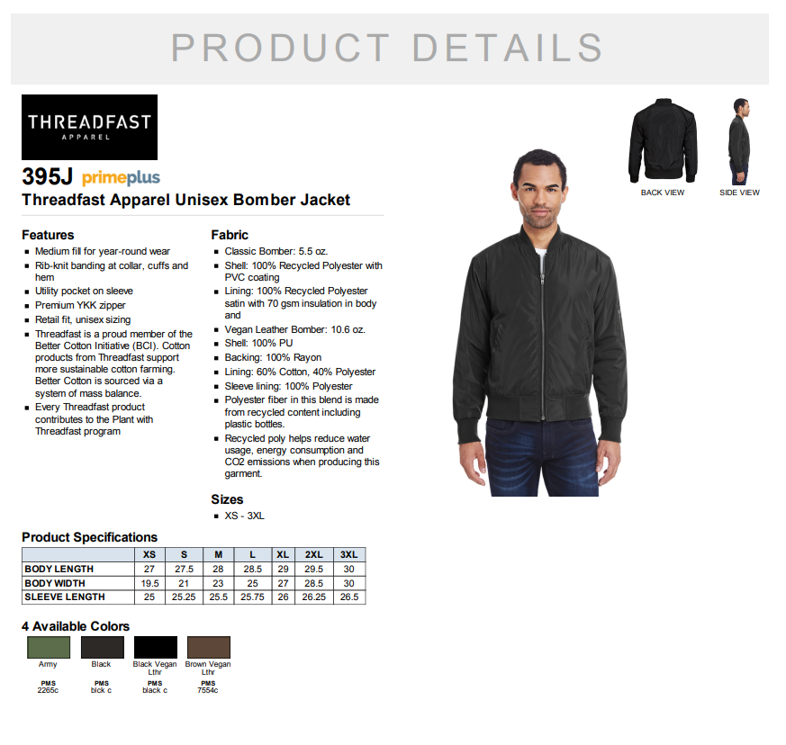 Premium Recycled Bomber Jacket Apparel 395J