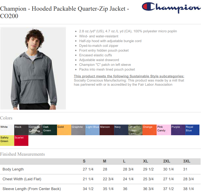 Embroidered Champion Packable Rain Jacket