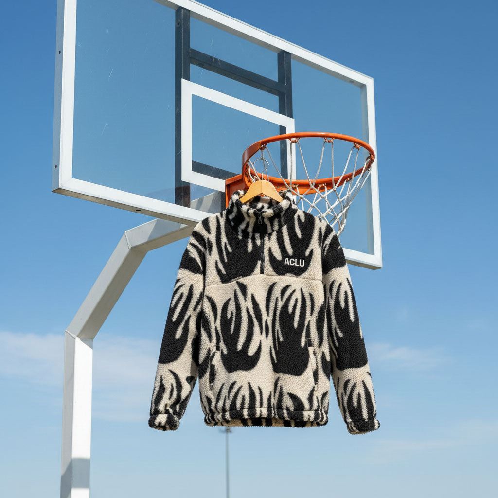 ACLU Custom Fleece, Advocacy Brand Swag, Mission-Driven Merch, Premium Sherpa Pullover, Social Justice Apparel. A black-and-white patterned ACLU half-zip sherpa fleece hanging from a basketball hoop against a clear blue sky, showcasing premium advocacy streetwear.