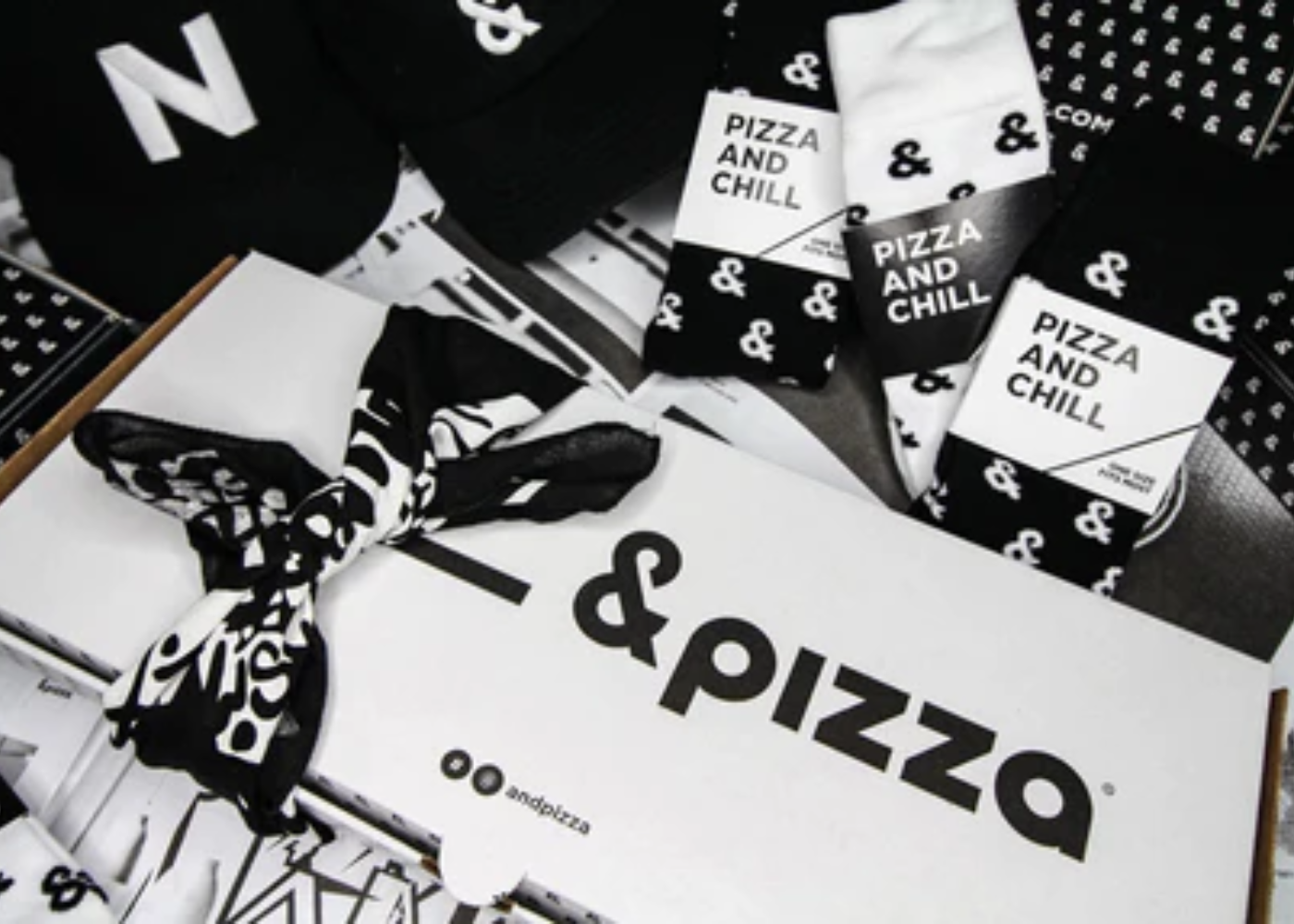 TVP merch for & pizza black and white socks, hats and beanies
