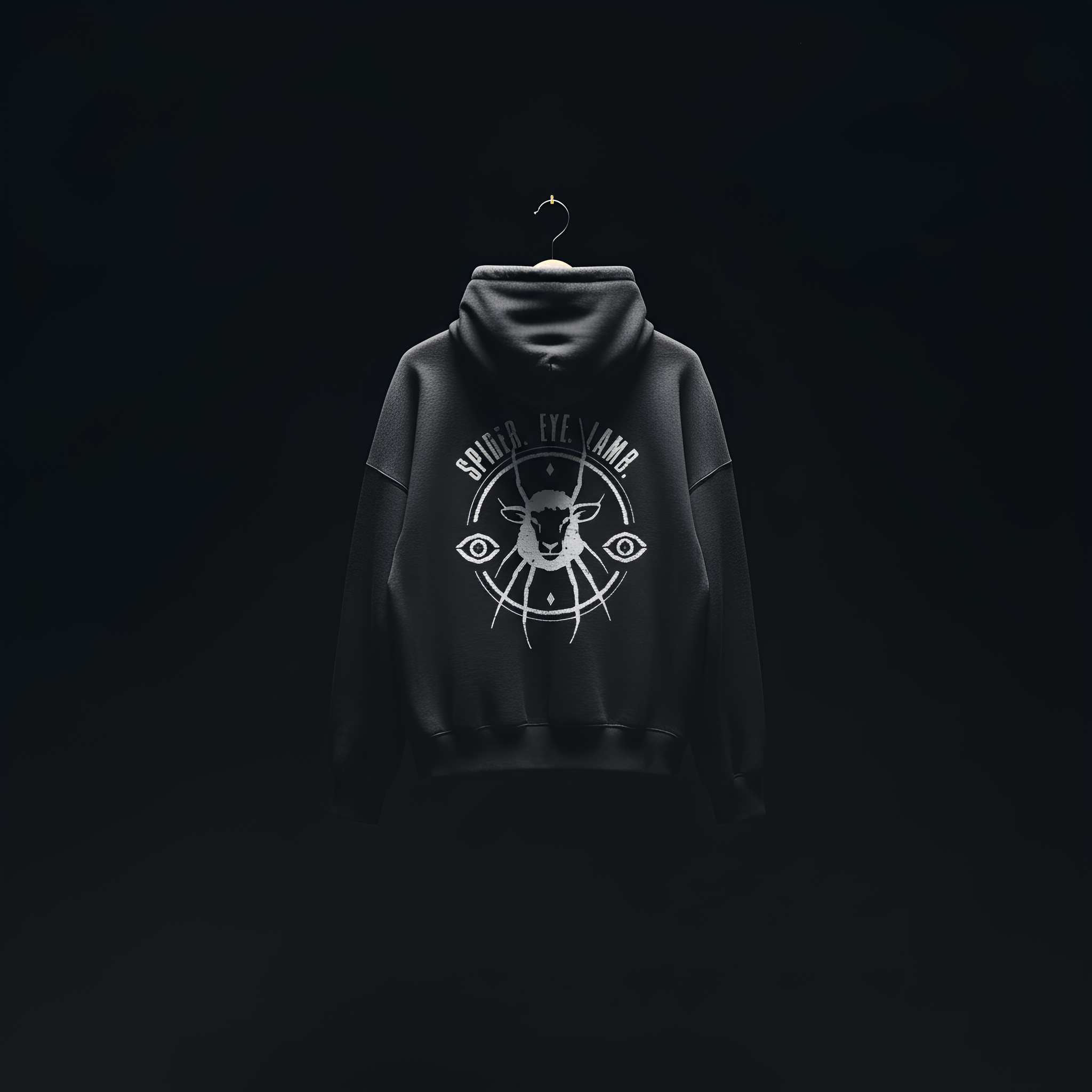 Spider Eye Lamb Hoodie, Custom Streetwear Merch, Premium Graphic Swag, High-End Apparel Solutions, Oversized Brand Hoodies. Rear view of an oversized charcoal hoodie hanging against a dark background, featuring a white circular graphic of a lamb's head with spider legs and the text "SPIDER. EYE. LAMB."