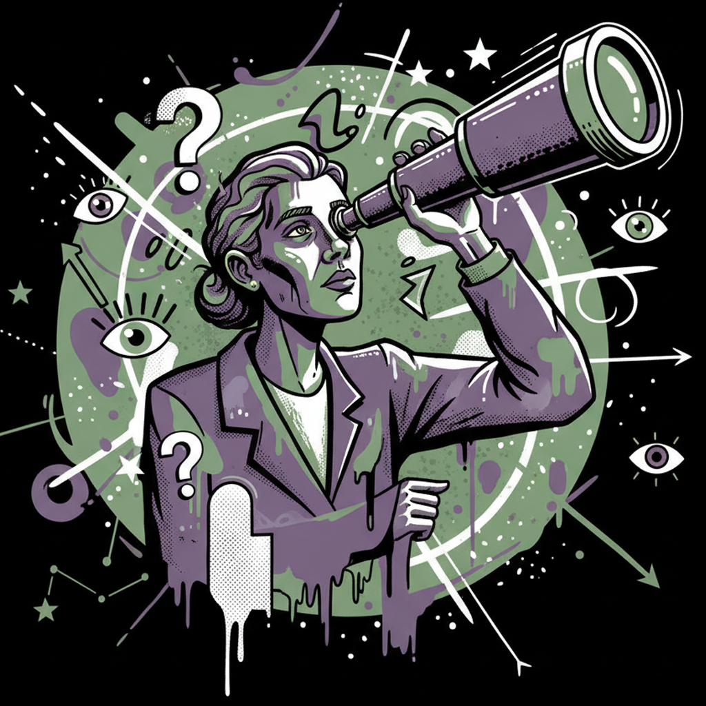 Merch Architecture, Product Selection Strategy, Custom Swag Curation, Brand Merch Planning, Professional Apparel Architecture. A stylized modern illustration of a professional woman in a suit looking through a telescope against a green and purple celestial background, symbolizing strategic merch selection and brand vision.