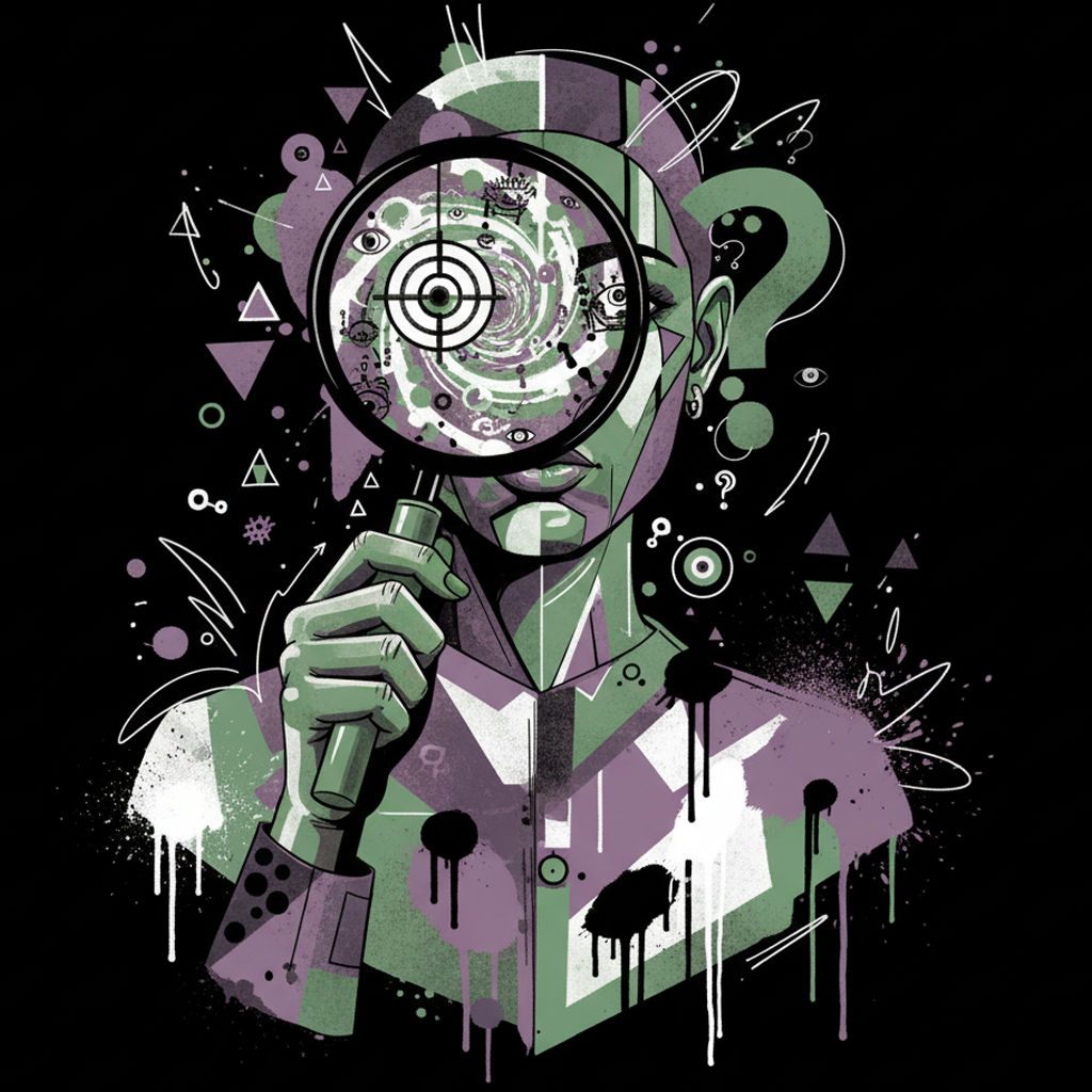 Merch Discovery Phase, Creative Swag Planning, Custom Brand Identity Design, Strategic Merch Solutions, Professional Apparel Concepting. A stylized, modern illustration of a person holding a magnifying glass over a swirling eye, featuring a purple and green color palette with streetwear-inspired graphic elements.