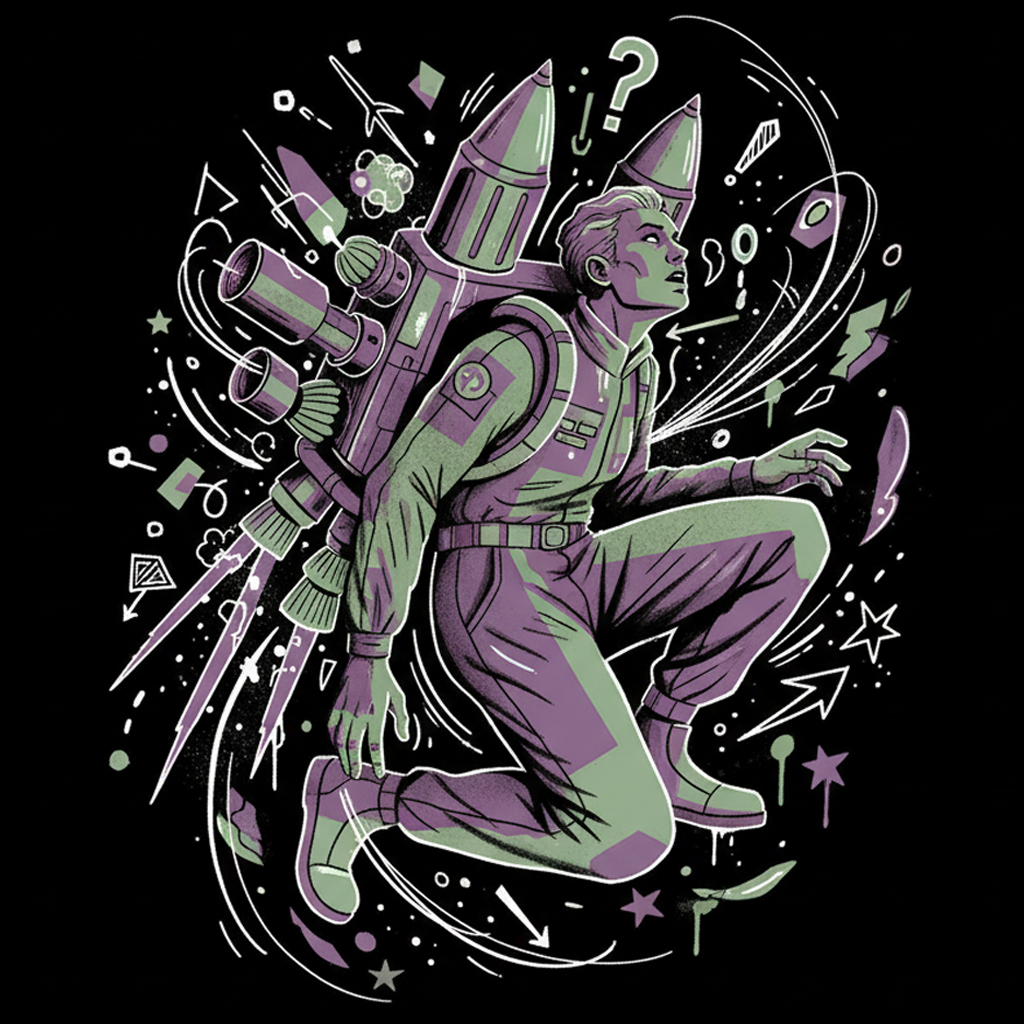 Merch Launch Strategy, Brand Deployment Solutions, High-Impact Swag Activation, Custom Apparel Launch, Strategic Merch Fulfillment. A vibrant, modern illustration of a person wearing a rocket jetpack launching into a stylized celestial space, symbolizing the high-velocity launch and deployment of a brand merchandise collection.