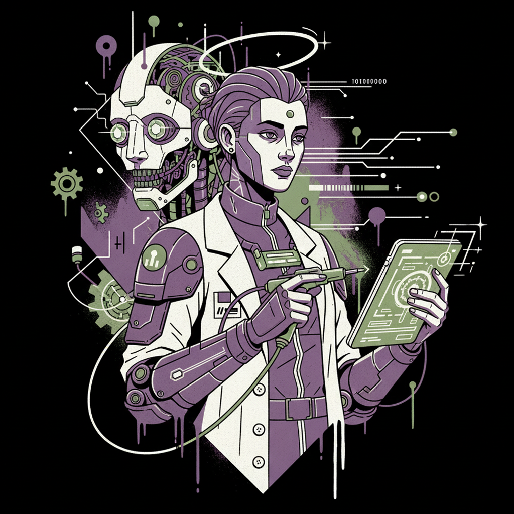 Merch Design Engineering, Technical Brand Swag, Custom Apparel Branding, Industrial Merch Solutions, Precision Brand Design. A technical sci-fi illustration of a scientist with a robotic arm using a digital tablet to engineer a brand concept, featuring purple and grey tones with circuit-board aesthetic details.
