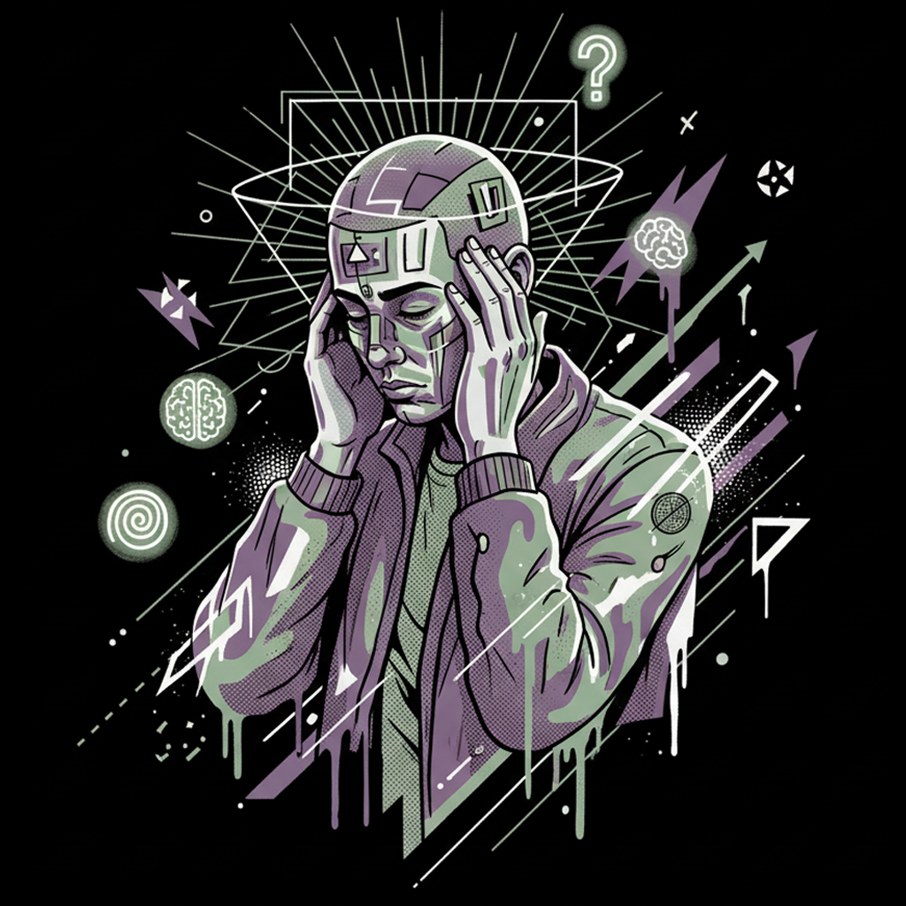 Merch Platform Integration, Technical Swag Development, Brand Ecosystem Planning, Custom Merch Portal Solutions, Full-Stack Merch Fulfillment. A modern, tech-focused illustration of a man with digital circuit patterns on his head, surrounded by brainstorming icons and geometric lines, symbolizing the integration of merch and technology.