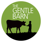 The Gentle Barn logo with silhouette of person and cow inside a green circle