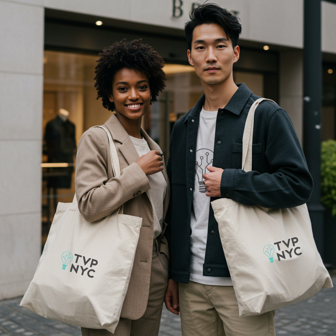 A black woman and an Asian man standing on a city street. They are carrying high-quality branded totes. The woman is smiling and the man is looking relaxed.