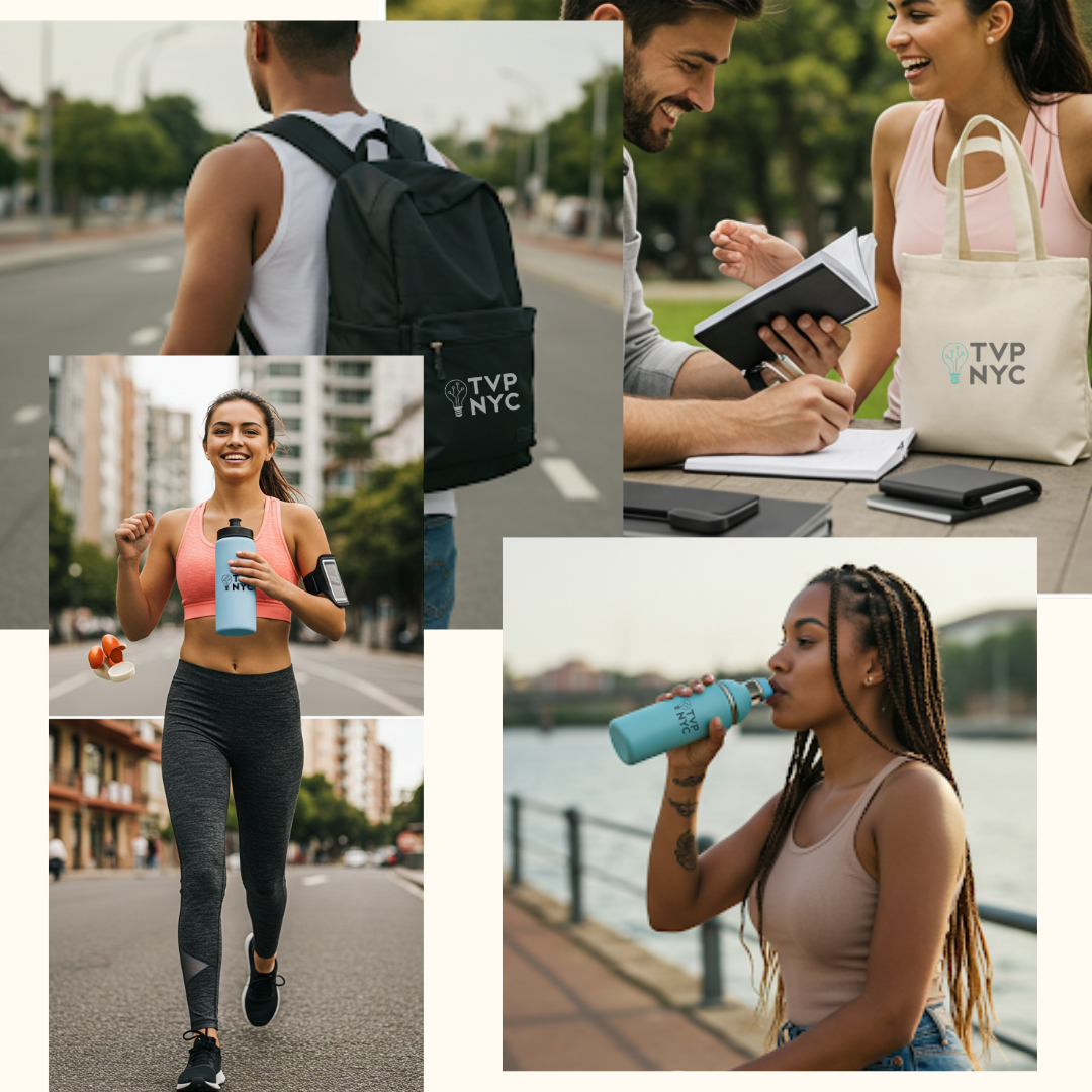 Four individual images in a collage of healthy people wearing branded swag, including water bottles, totes, branded backpacks, and fitness wear.