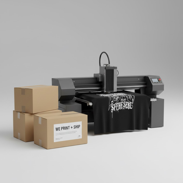 A professional studio shot featuring a large-format garment printer producing a black "SPIDER EYE" t-shirt, next to several cardboard shipping boxes labeled "WE PRINT + SHIP".