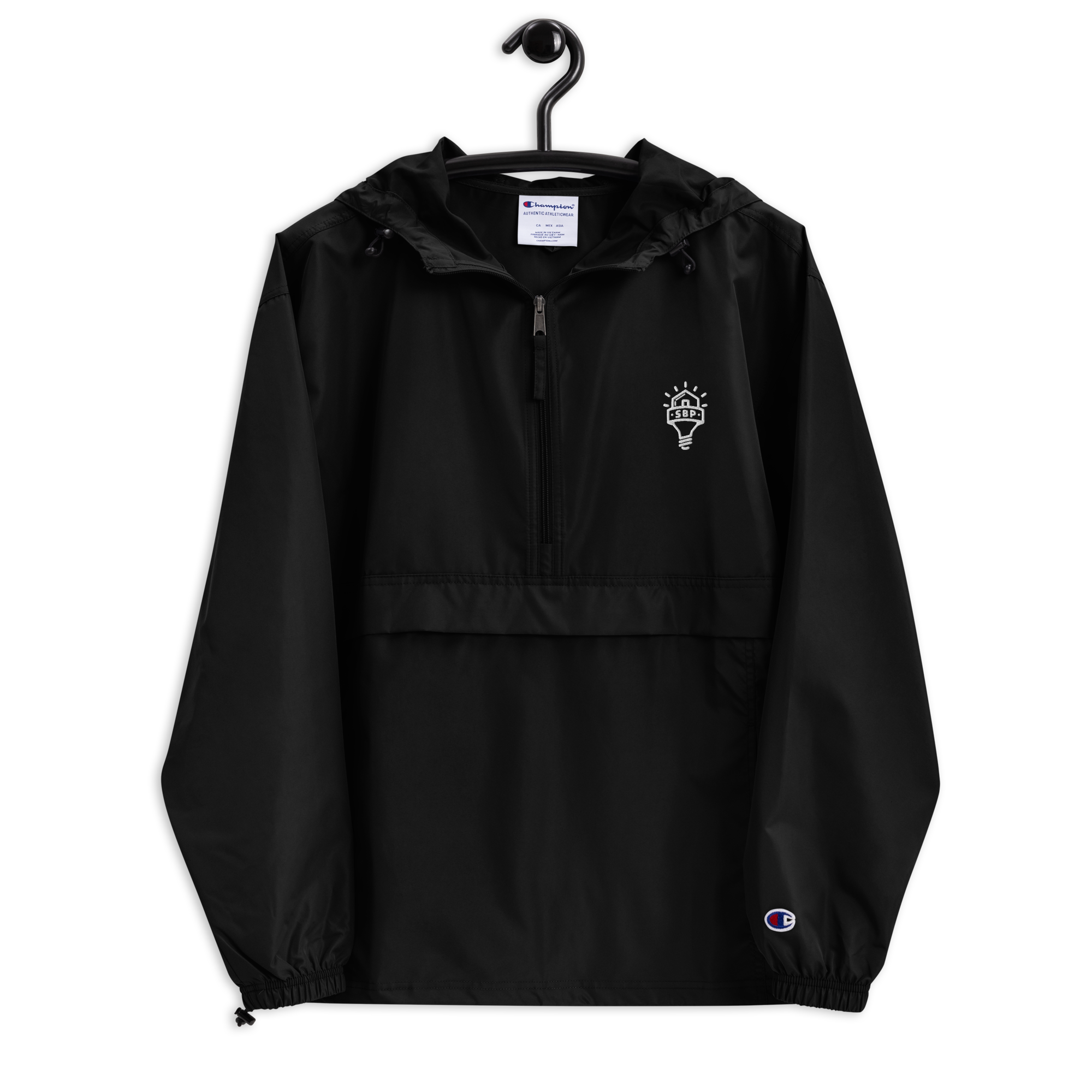 Embroidered Champion Packable Jacket - Black